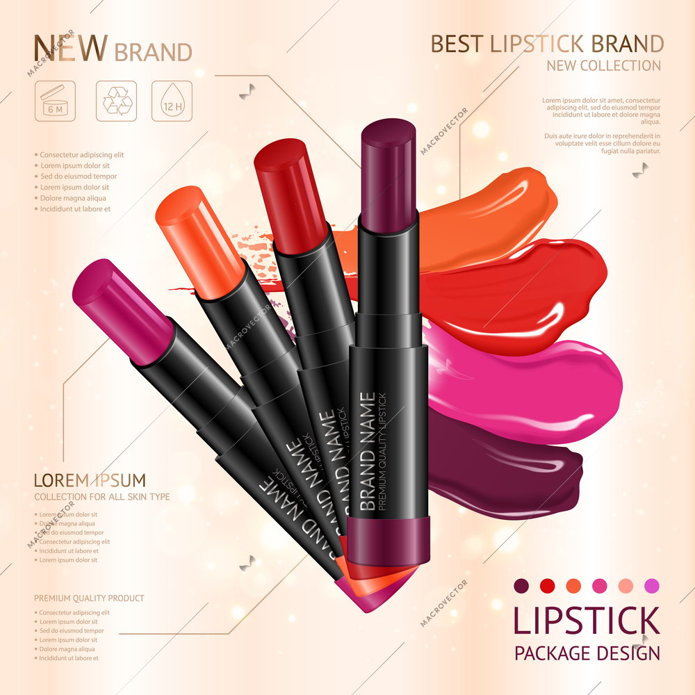 Lip makeup cosmetics information advertisement poster with realistic 4 intense colored lipstick set package introduction vector illustration