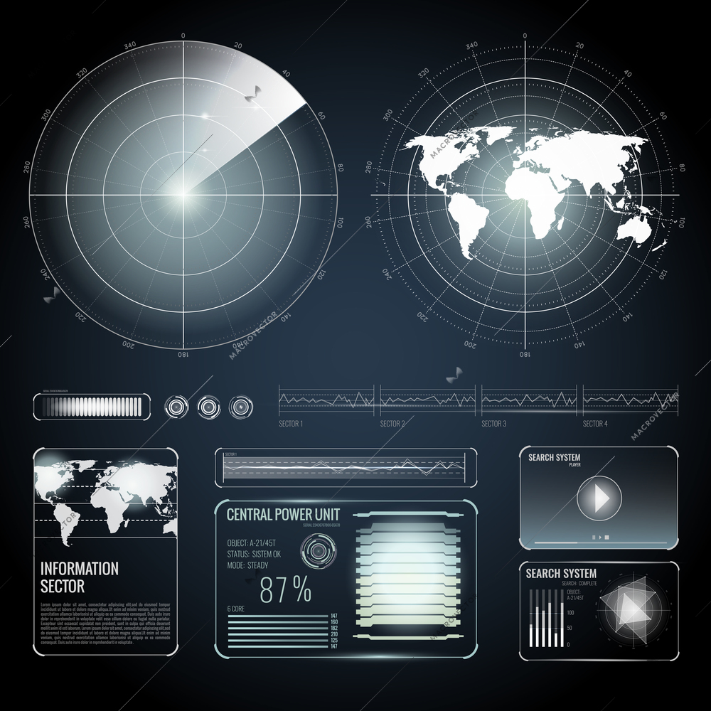 Set of screen white elements of search radar including world map on black background isolated vector illustration