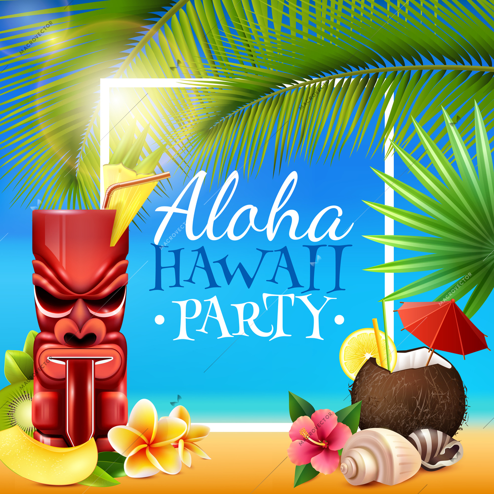 Hawaiian party frame with tiki mug, coconut cocktail, shells, flowers, palm branches on blue background vector illustration