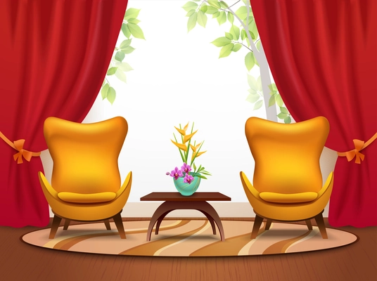 Living room cartoon interior with armchair table and vase cartoon vector illustration