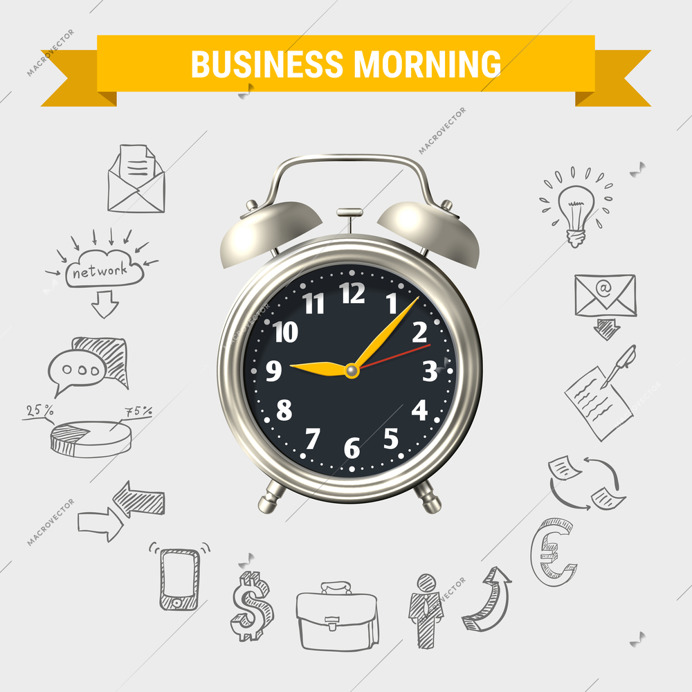 Business morning round composition with yellow ribbon 3d alarm clock and hand drawn icons isolated vector illustration