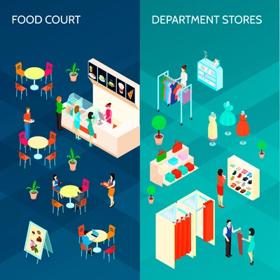 Shopping mall two vertical banners with food court and department stores isometric  design compositions vector illustration
