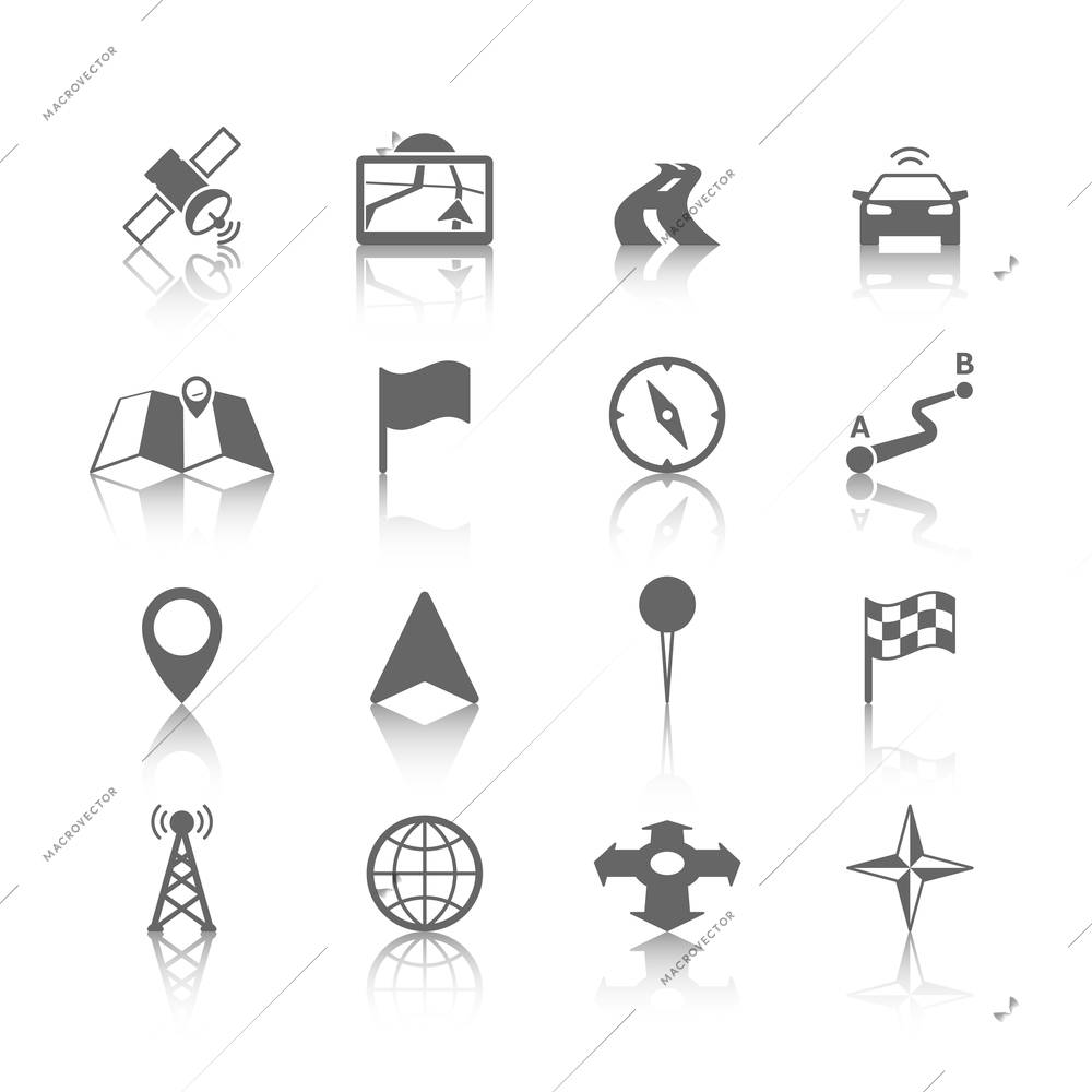 Navigation icons set of globe road map flag car compass flag vector illustration