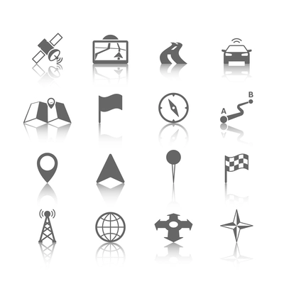 Navigation icons set of globe road map flag car compass flag vector illustration