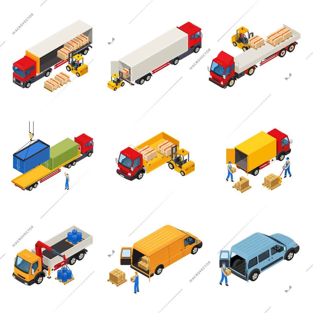 Truck isometric set with images of vehicular loading goods and containers into commercial cargo freight vehicles vector illustration