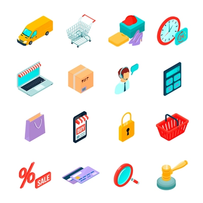 Electronic commerce isometric icons with gadgets for buying on internet and shopping symbols isolated vector illustration