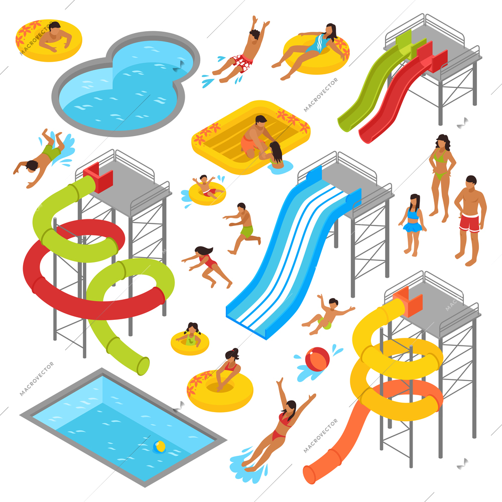 Aqua park isometric icons set with people in swimsuits resting swimming sunbathing and waterpark construction isolated vector illustration