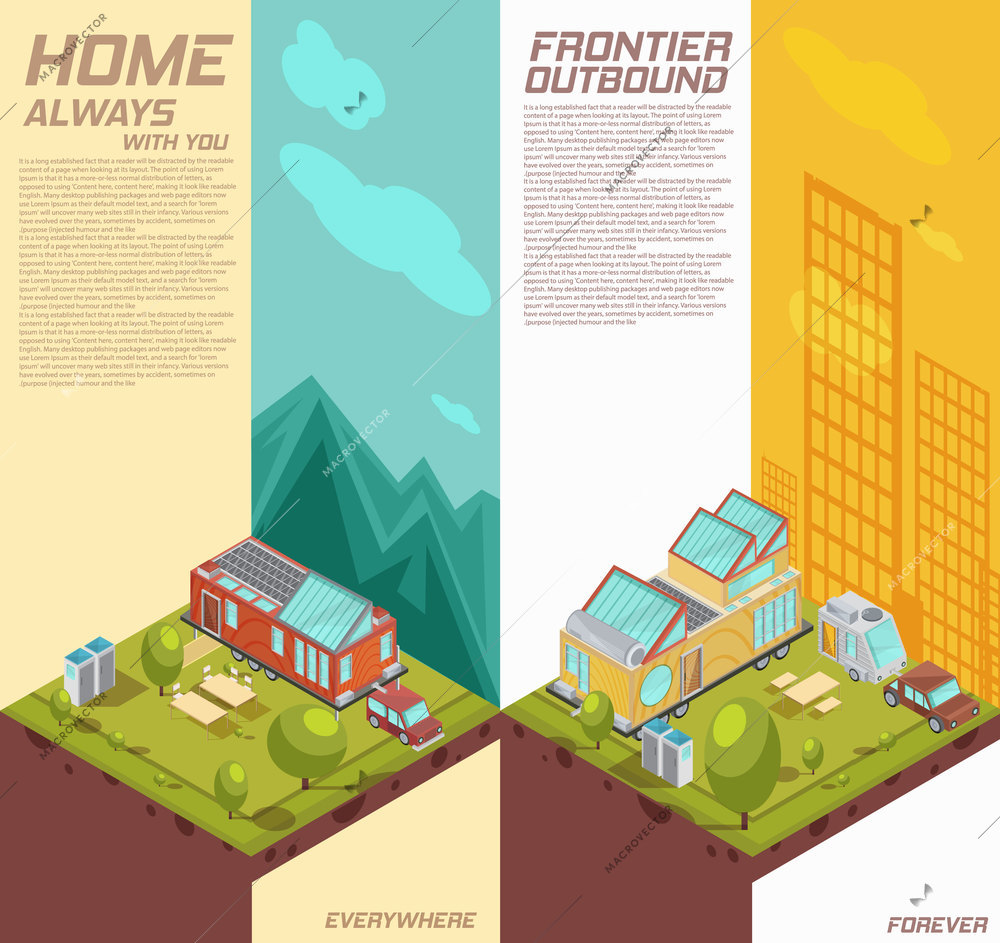 Vertical isometric banners with advertising of mobile house on background with mountains, city buildings isolated vector illustration