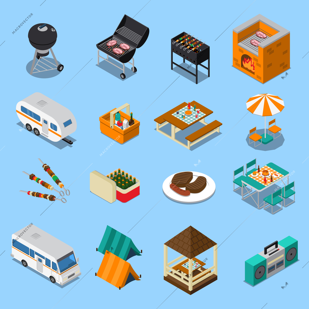 Bbq picnic isometric set with food, grill equipment, tents, camper, music on blue background isolated vector illustration