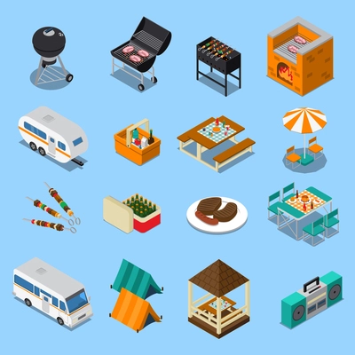 Bbq picnic isometric set with food, grill equipment, tents, camper, music on blue background isolated vector illustration