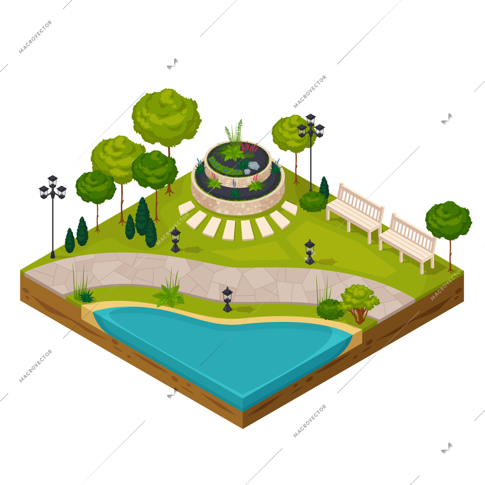 Isometric fragment of park landscape constructor with pond flowerbed benches streetlights and trees vector illustration