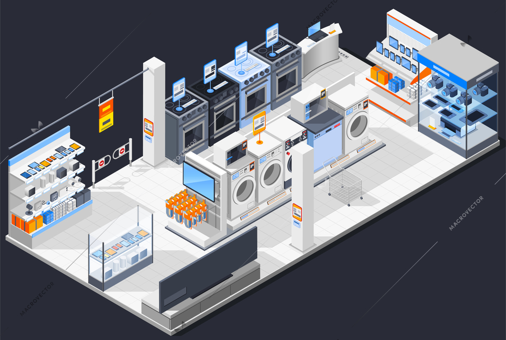 Electronics supermarket isometric composition with domestic electric appliances retail store interior shop displays with items for sale vector illustration