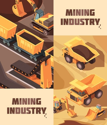 Set of two vertical mining banners with isometric images of trucks lorries and other industrial machinery vector illustration