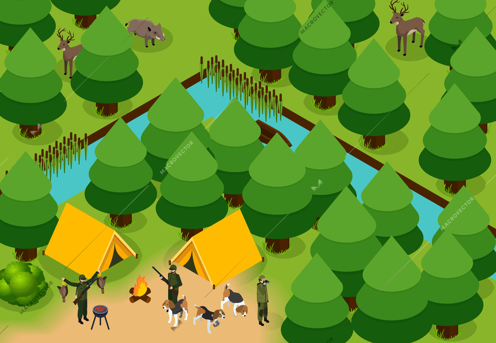 Isometric colored hunting composition group of hunters with tents and dogs in the forest vector illustration