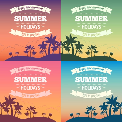 Summer holiday vacation travel background poster with sunset and palm trees vector illustration