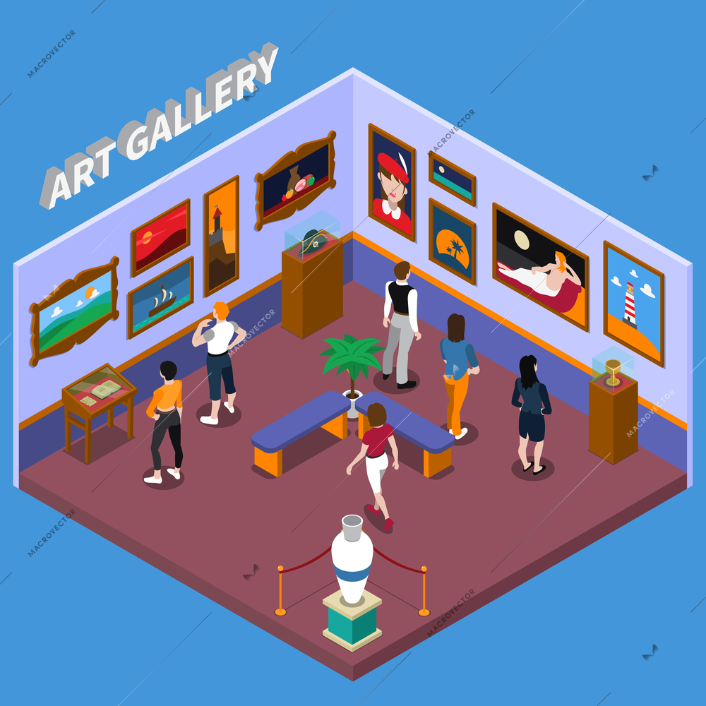 Art gallery with paintings, exhibits on pedestals, benches for visitors on blue background isometric vector illustration