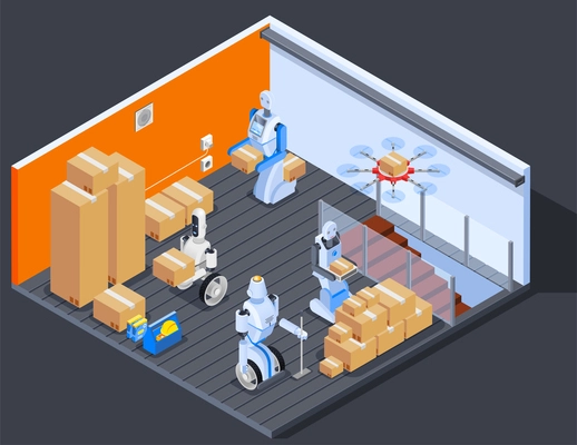 Robot isometric professions composition of warehouse interior and robotic stock workers carrying pasteboard boxes with drone vector illustration