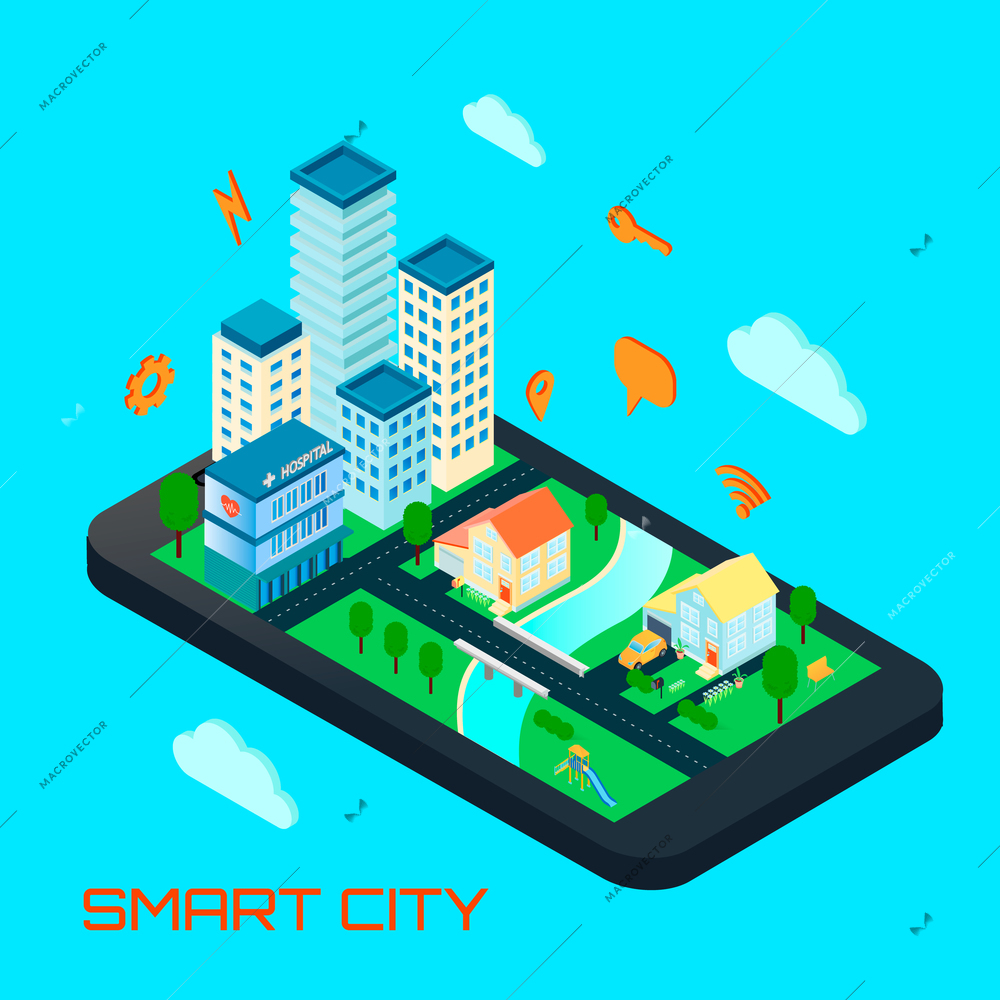 Smart city isometric design concept with private houses and office buildings located on smartphone screen and signs of remote management vector illustration