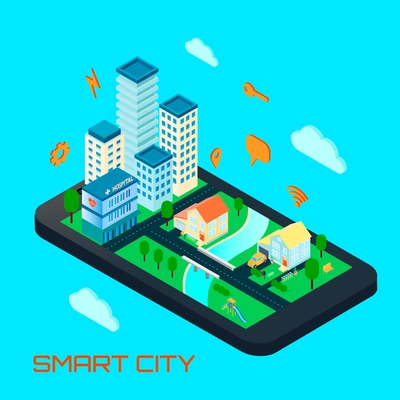 Smart city isometric design concept with private houses and office buildings located on smartphone screen and signs of remote management vector illustration