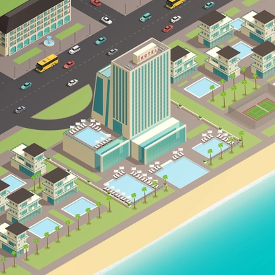 Isometric fragment of city landscape with multistory building of luxury hotel in coastal area vector illustration