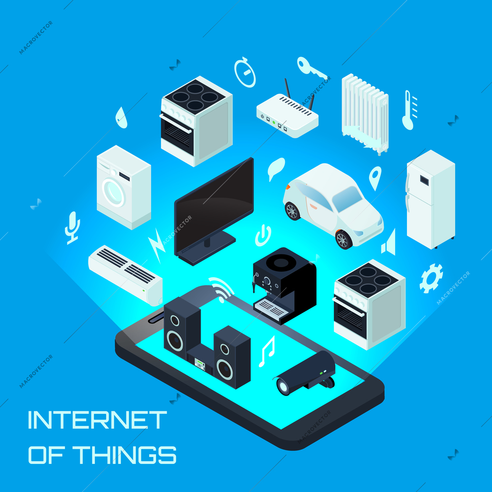 Internet of things urban design concept with appliances made using innovative technology for comfort and security  isometric vector illustration