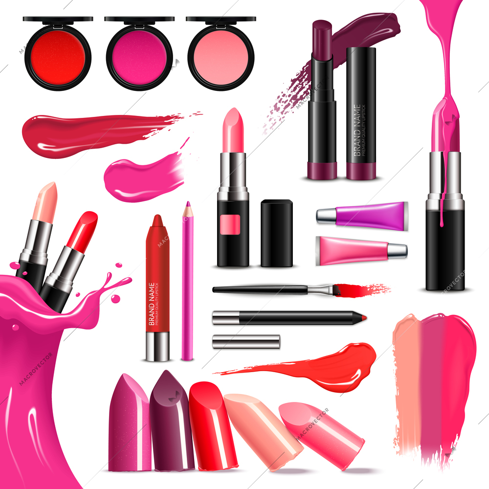 Lip makeup beauty accessoires realistic collection with lipstick gloss balm liner high-shine intense colors vector illustration