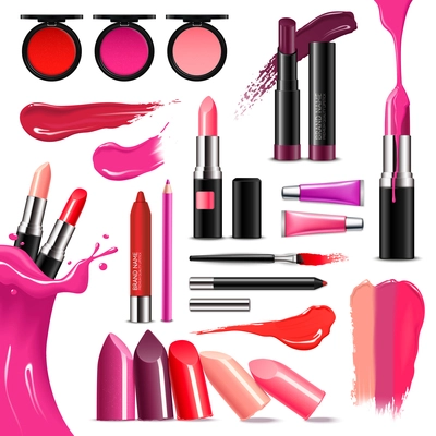 Lip makeup beauty accessoires realistic collection with lipstick gloss balm liner high-shine intense colors vector illustration