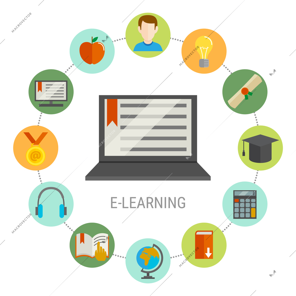 Elearning round composition with round little icon set combined around needed for student laptop vector illustration