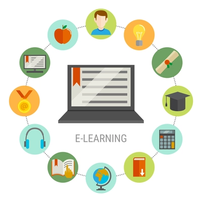 Elearning round composition with round little icon set combined around needed for student laptop vector illustration