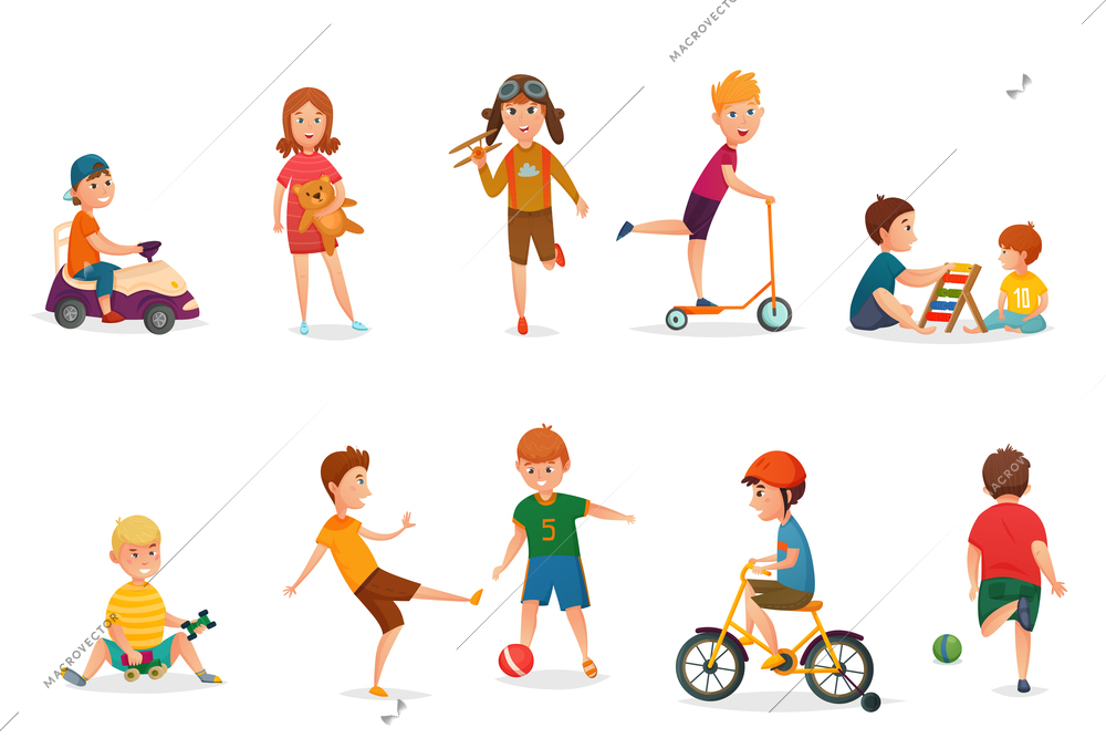 Colored and isolated retro cartoon kids playing icon set with different various entertainings vector illustration