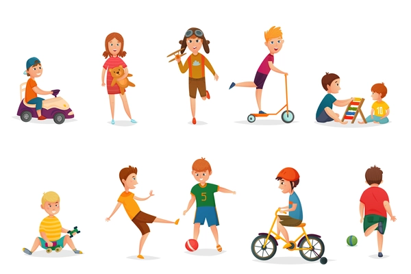 Colored and isolated retro cartoon kids playing icon set with different various entertainings vector illustration