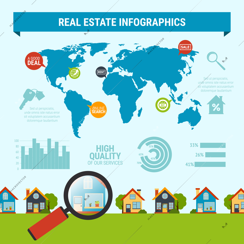 Real estate infographic set with map and house searching symbols flat vector illustration