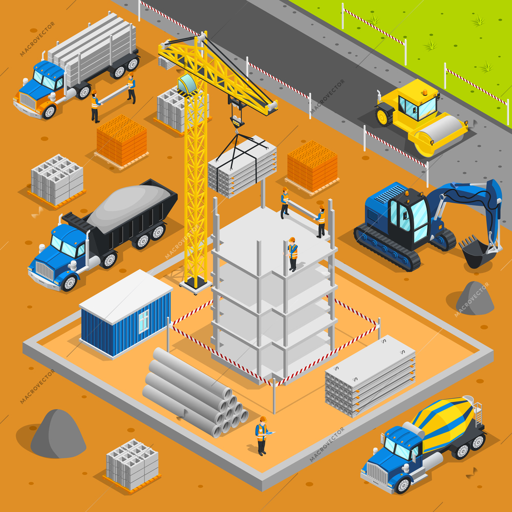 Construction isometric composition with building under construction industrial materials crane cement trucks and caterpillar excavating machine images vector illustration