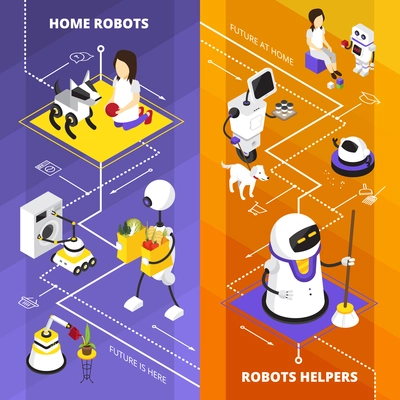 Vertical isometric banners with robots helpers and for housework on orange and violet background isolated vector illustration