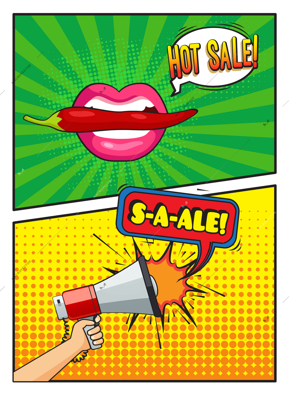 Sales comic style composition with speech bubbles female mouth holding hot pepper megaphone in hand vector illustration