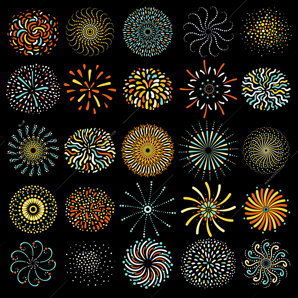 Festive colorful round firework icons big collection on black background poster abstract isolated vector illustration