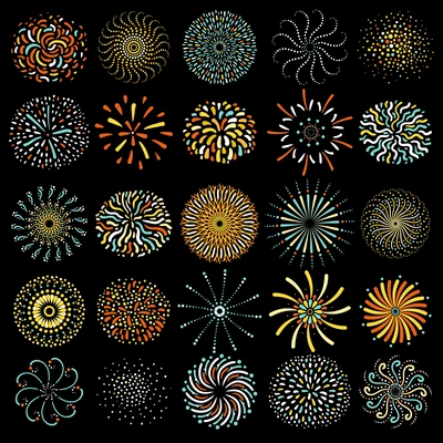 Festive colorful round firework icons big collection on black background poster abstract isolated vector illustration