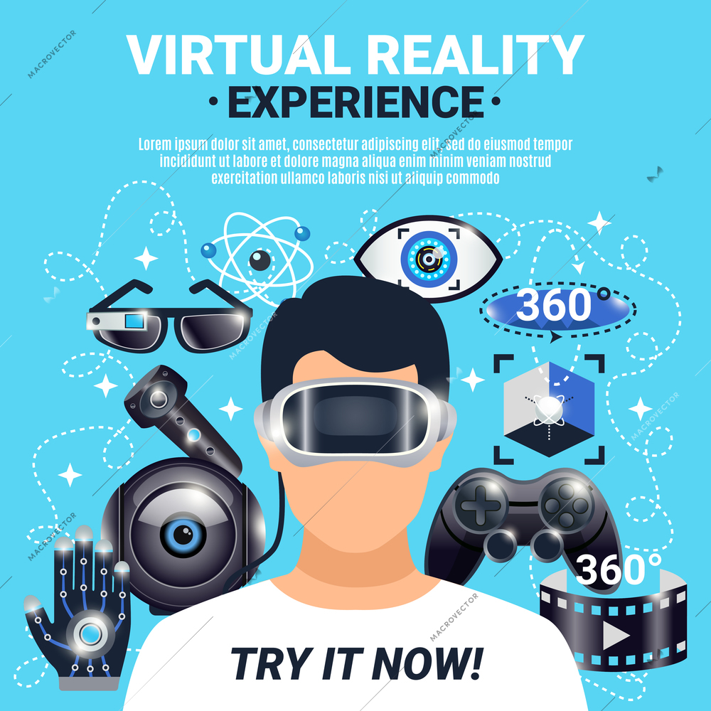 Colored virtual reality visualization poster with try it now and experience descriptions vector illustration