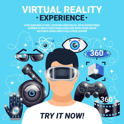 Colored virtual reality visualization poster with try it now and experience descriptions vector illustration