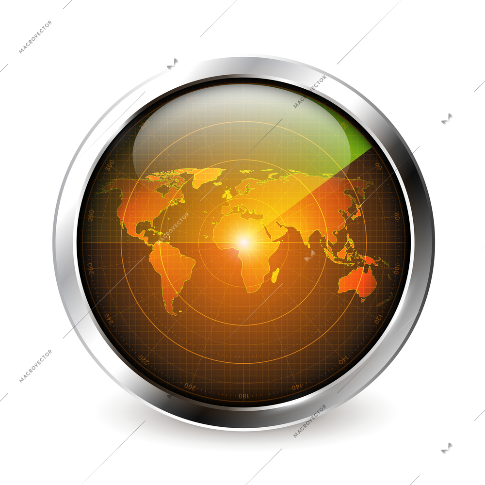 Realistic surveillance radar icon with metal frame round glossy surface and world map with luminous reflection vector illustration