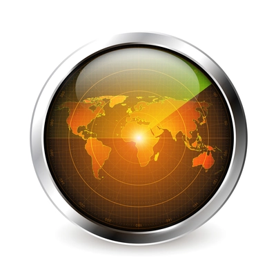 Realistic surveillance radar icon with metal frame round glossy surface and world map with luminous reflection vector illustration