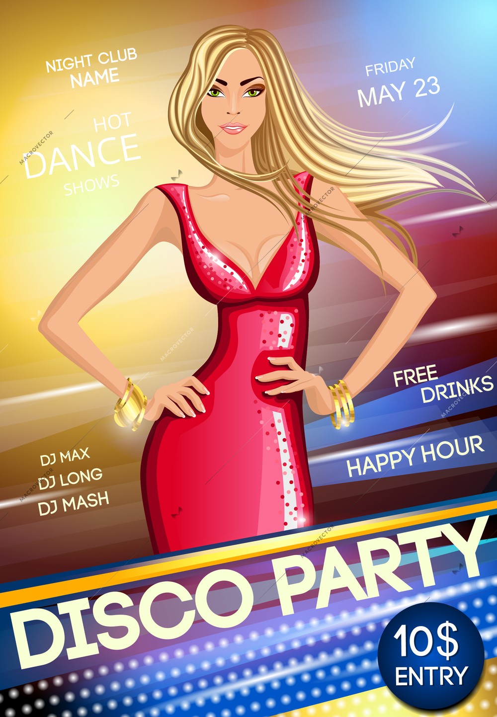 Night club hot dance disco party sexy blond deep decollete long haired girl poster vector illustration