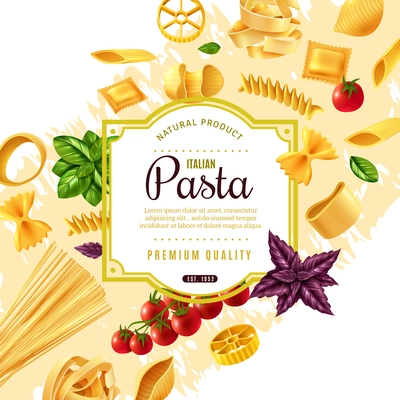 Pasta decorative frame with italian traditional food, tomatoes and basil leaves on beige background 3d vector illustration