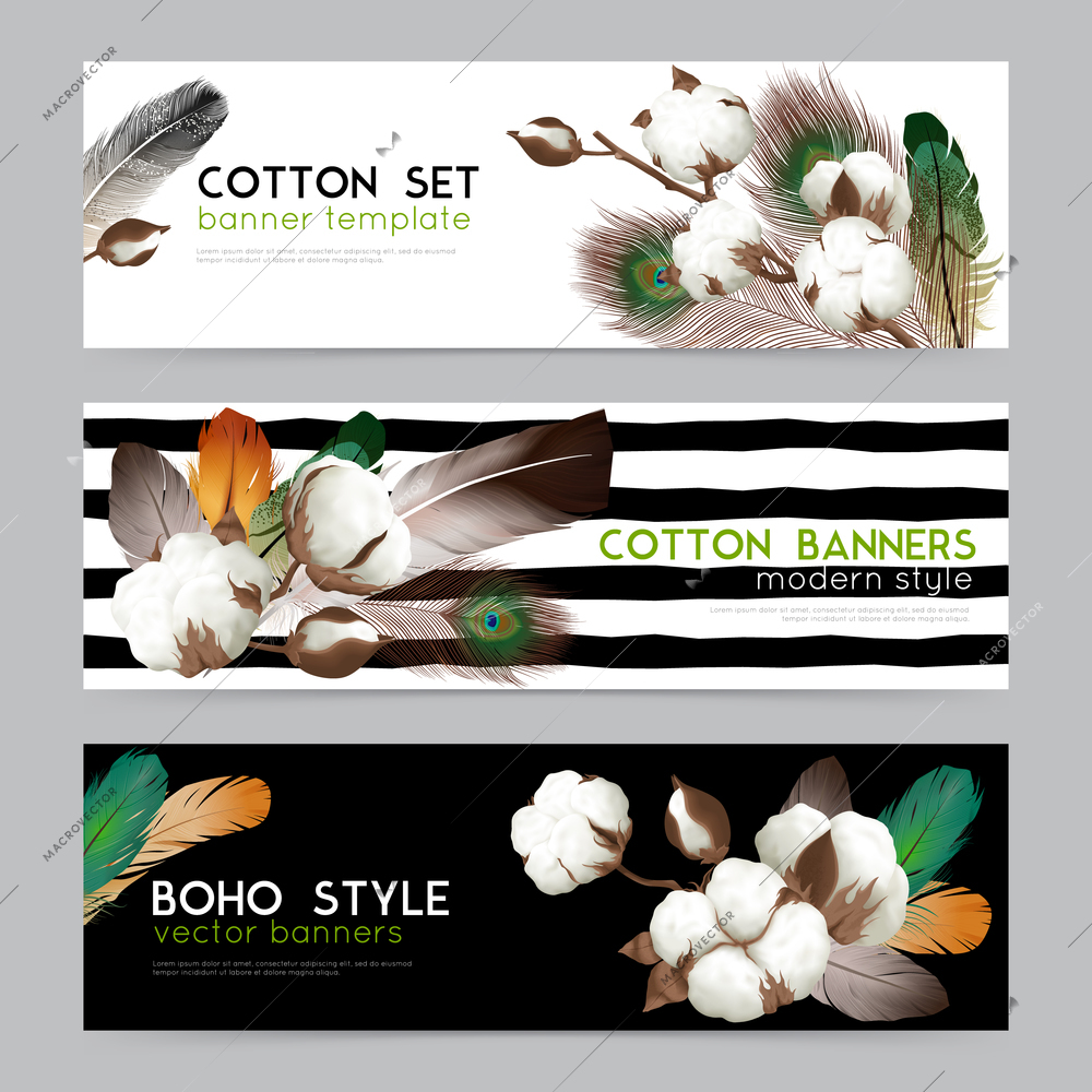 Cotton bolls with feathers boho style decorations 3 realistic horizontal banners set white black background  isolated vector illustration