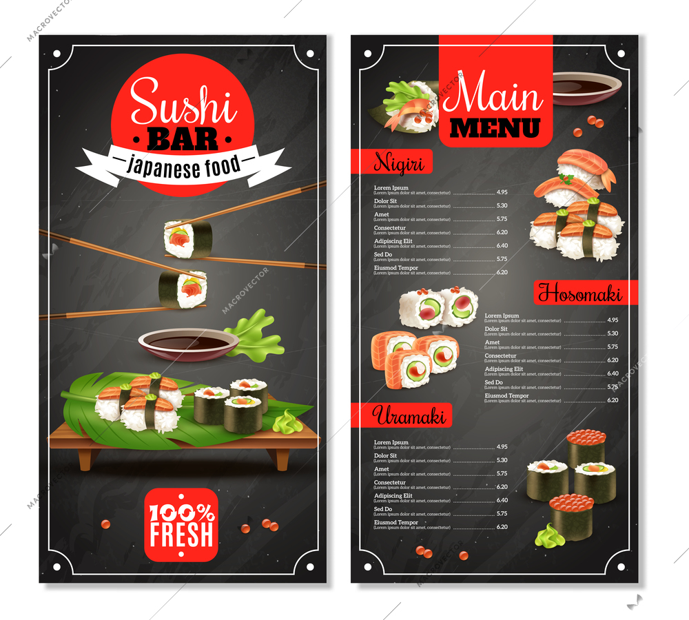 Sushi bar menu with label, chopsticks, price list for nigiri, maki on black background isolated vector illustration