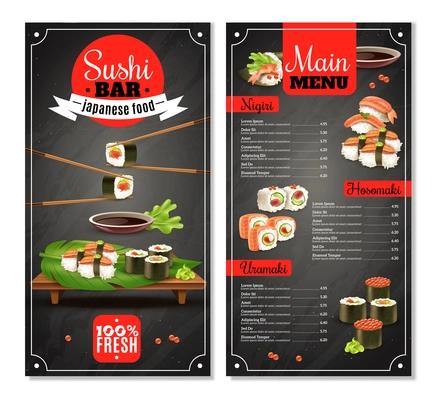 Sushi bar menu with label, chopsticks, price list for nigiri, maki on black background isolated vector illustration