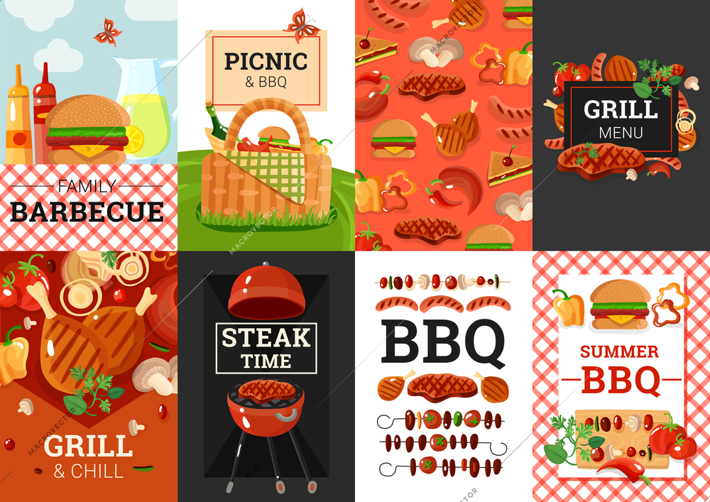 Barbecue grill picnic summer outdoor party weekend 8 banners composition poster with bbq accessories isolated vector illustration