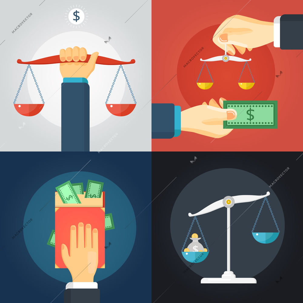 Flat design 2x law composition set with balance scale and cash money on colorful backgrounds isolated vector illustration