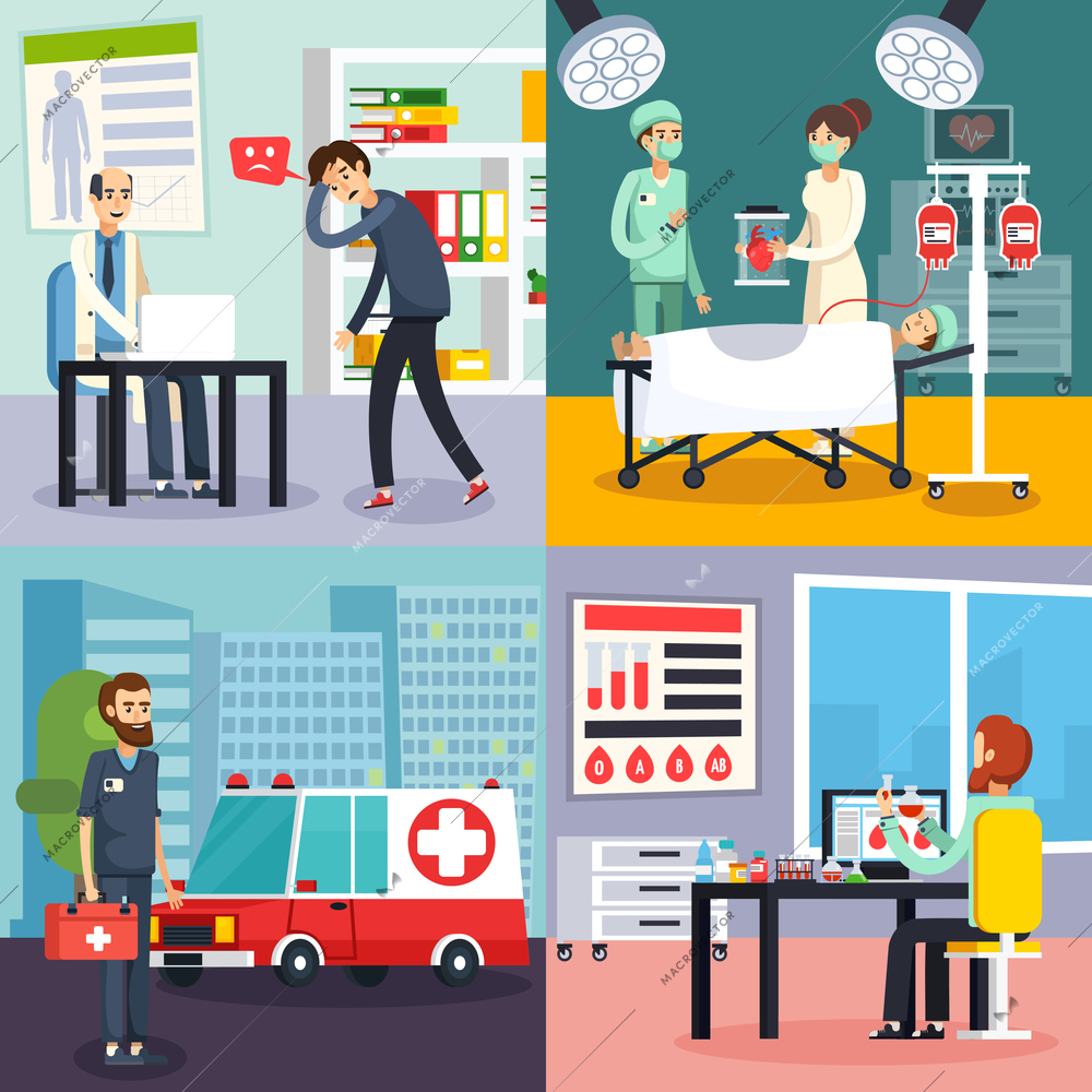 Four square colored male doctor character flat icon set with people in the clinic vector illustration