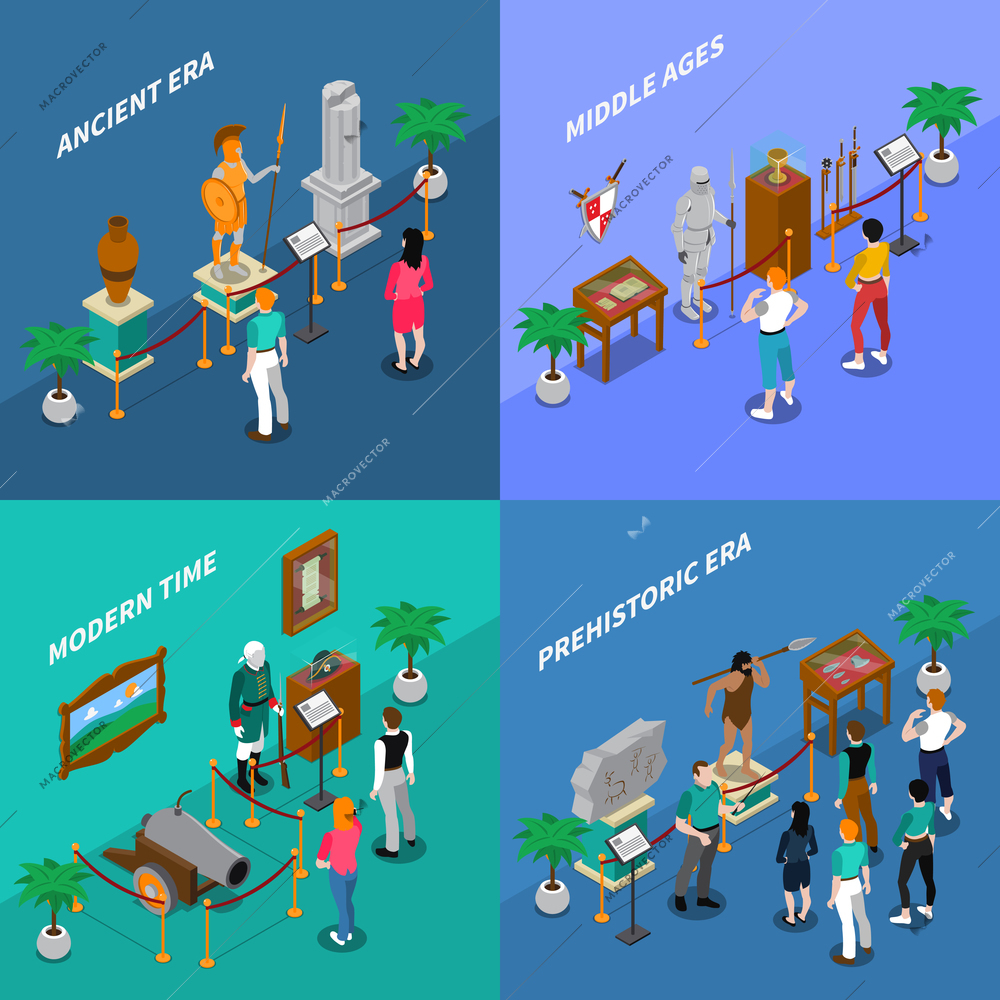 Set of isometric museum scenes including art gallery and historical museum vector illustration